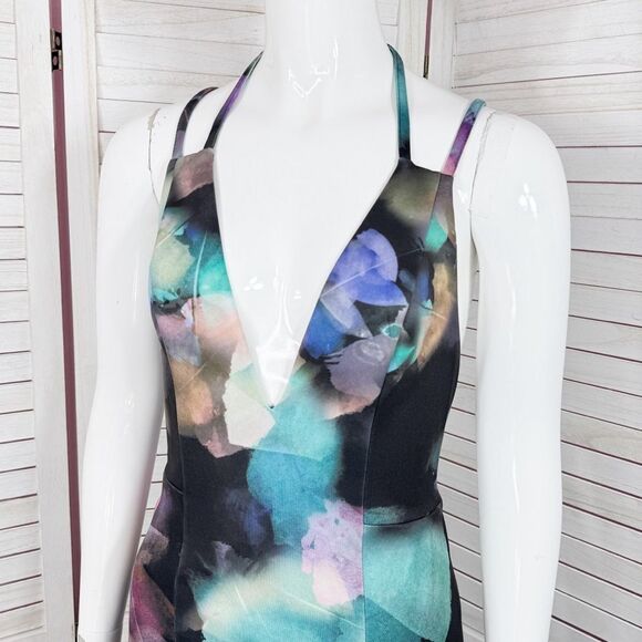 Bebe Watercolor Plunge Neck Open Back Bodycon Y2K Club Dress Black Teal XS - Picture 5 of 13